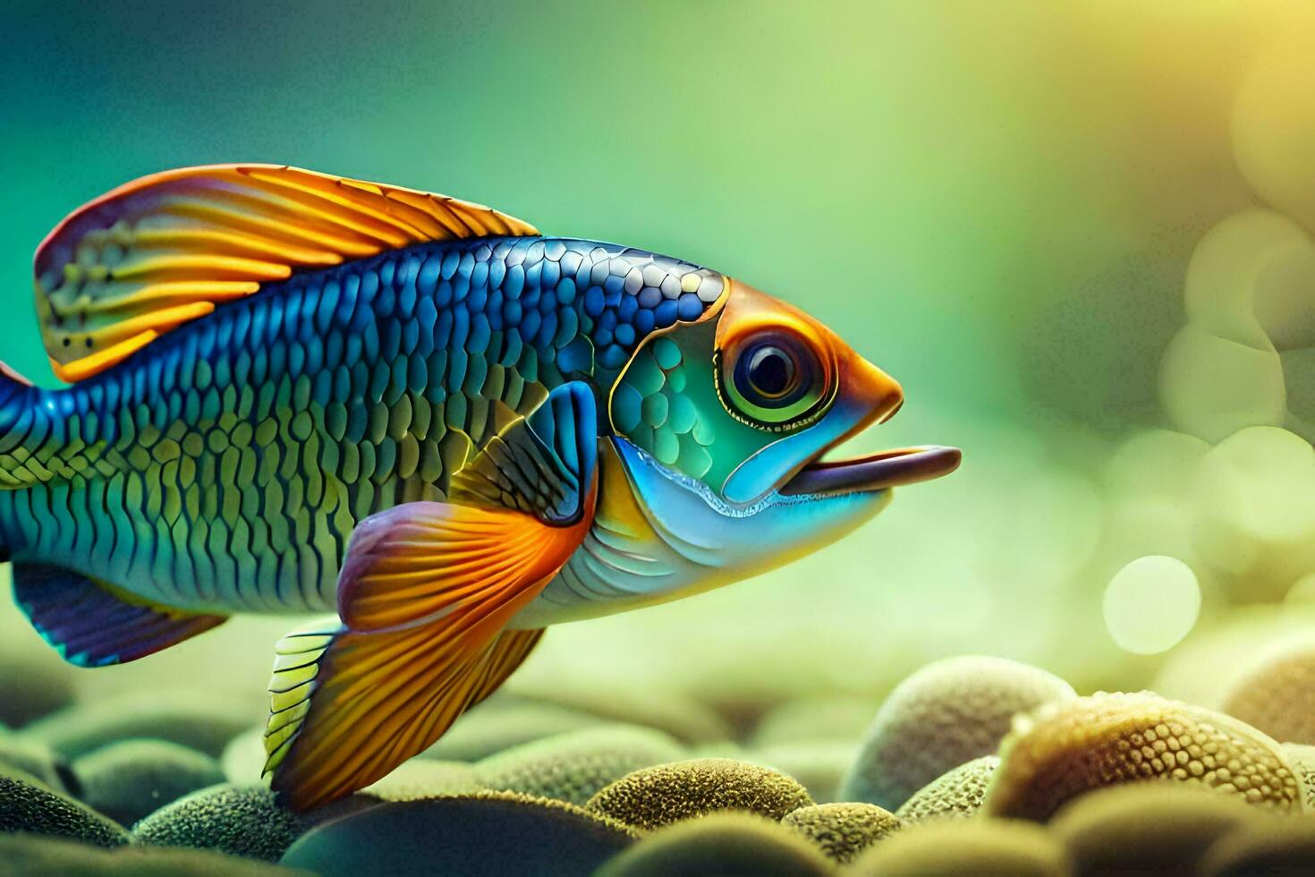a fish with bright colors is swimming in the water. AI-Generated photo
