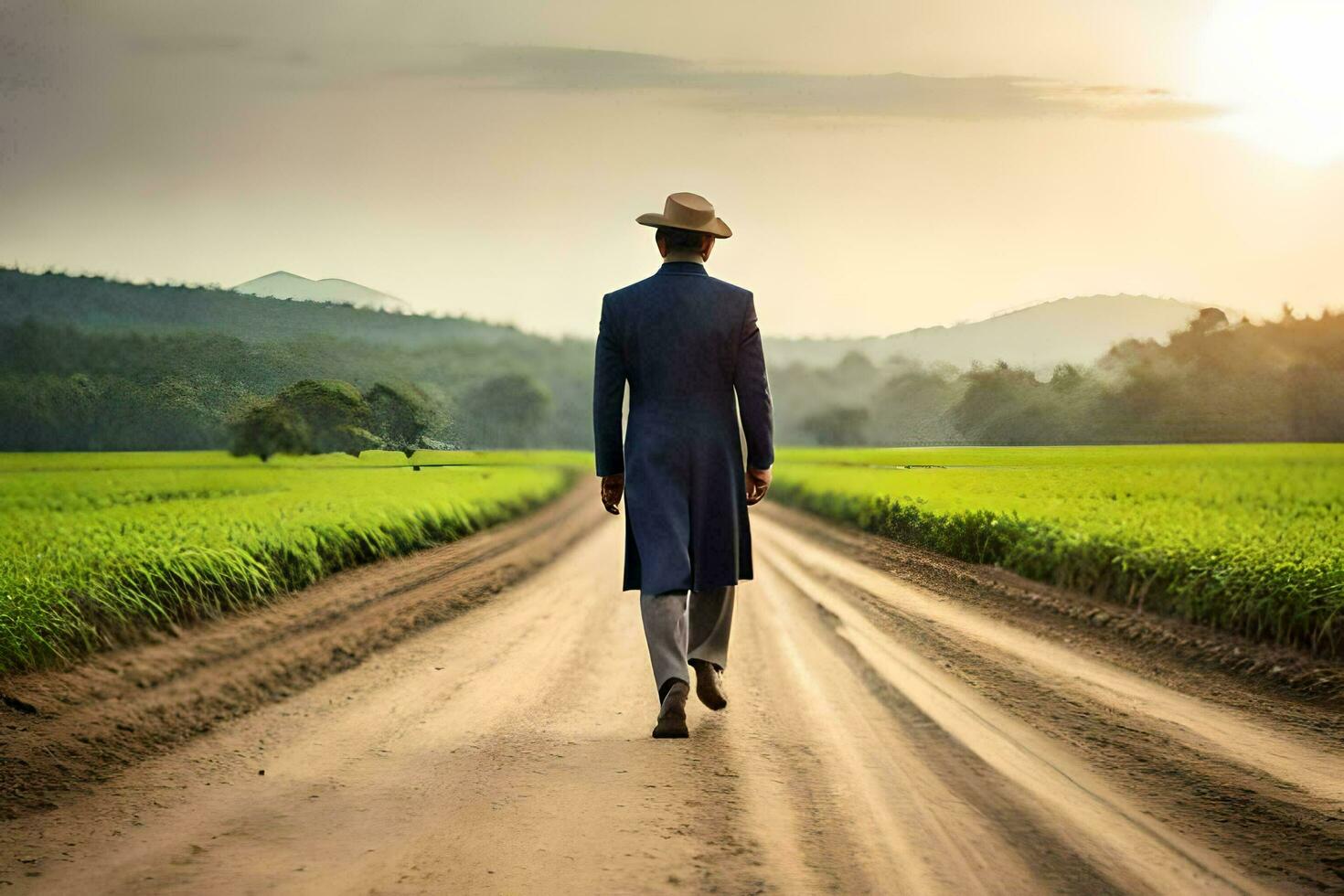 a man in a suit and hat walks down a dirt road. AI-Generated photo
