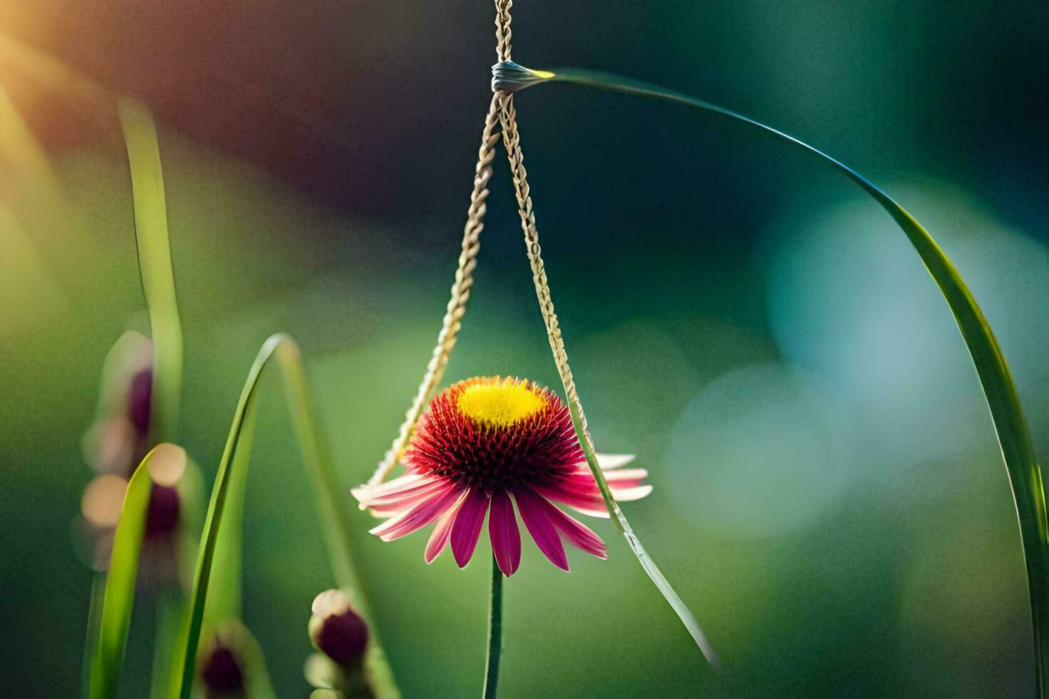 a pink flower hanging from a chain in the grass. AI-Generated photo