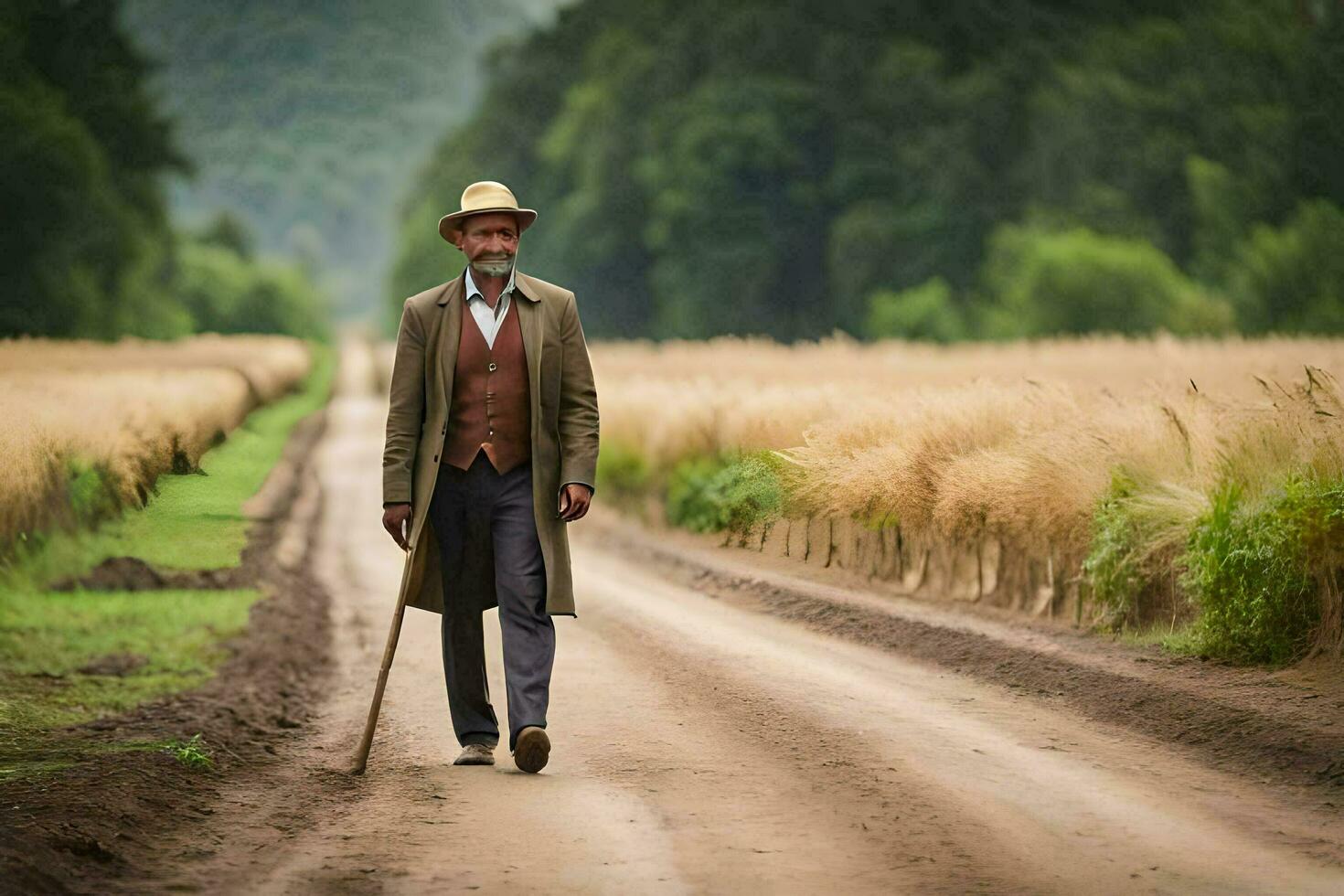 un hombre en un traje y sombrero caminando abajo un suciedad la carretera. generado por ai foto