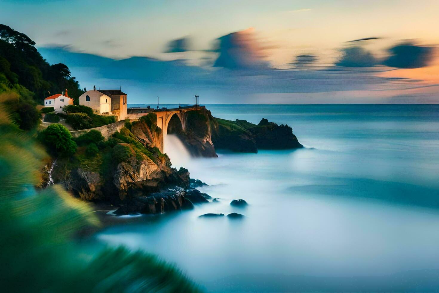 a house on the coast with a waterfall. AI-Generated photo