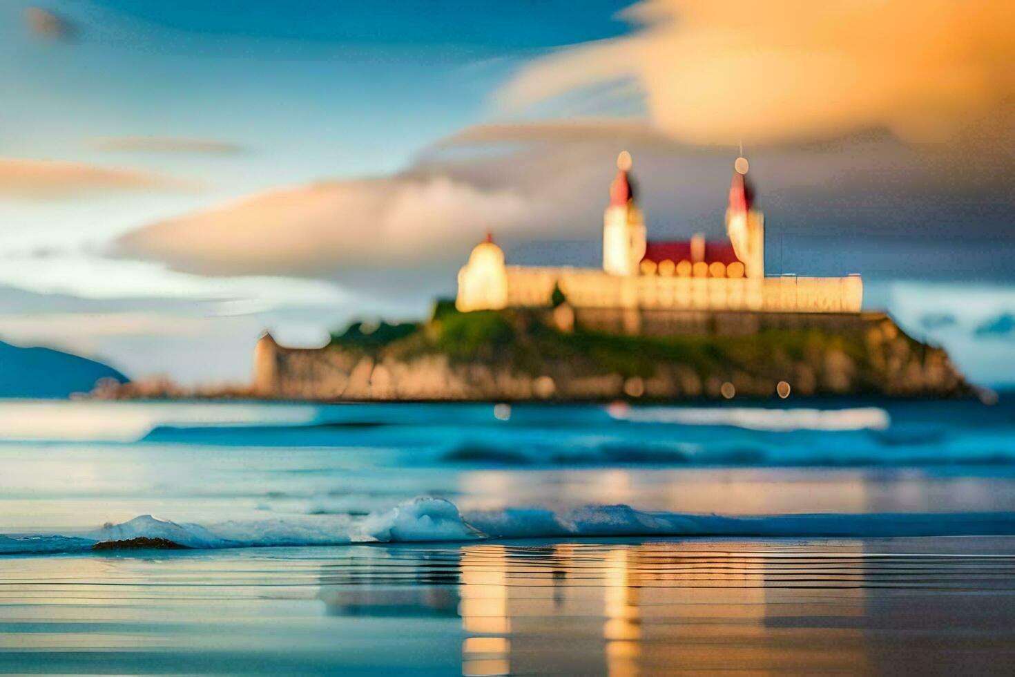 un castillo se sienta en parte superior de un colina con vista a el océano. generado por ai foto