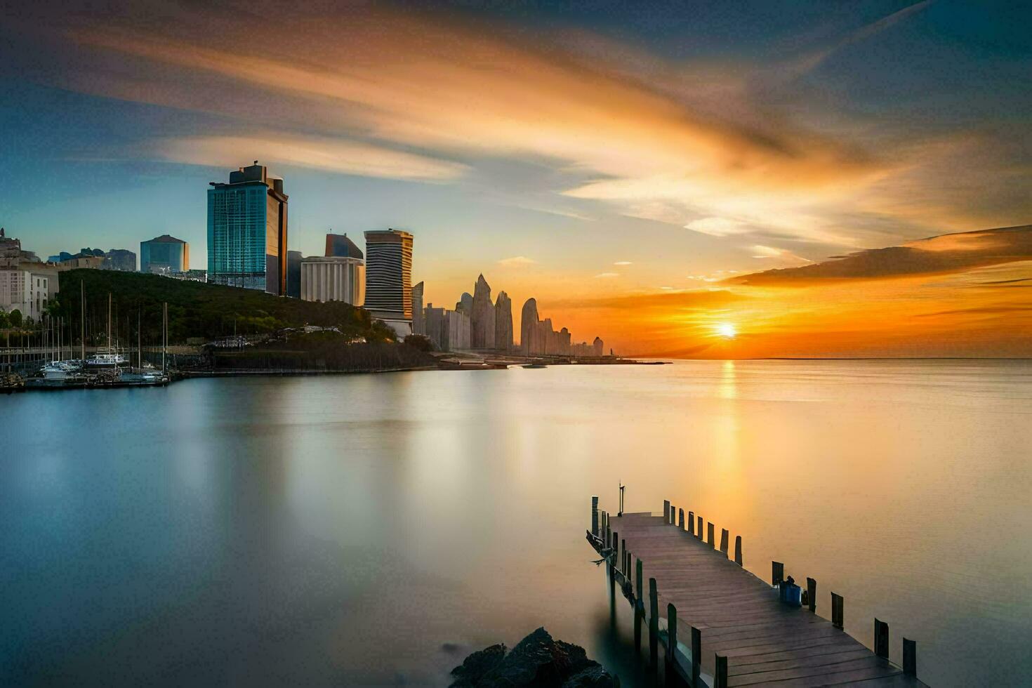 the sun sets over a city skyline and a dock. AI-Generated photo