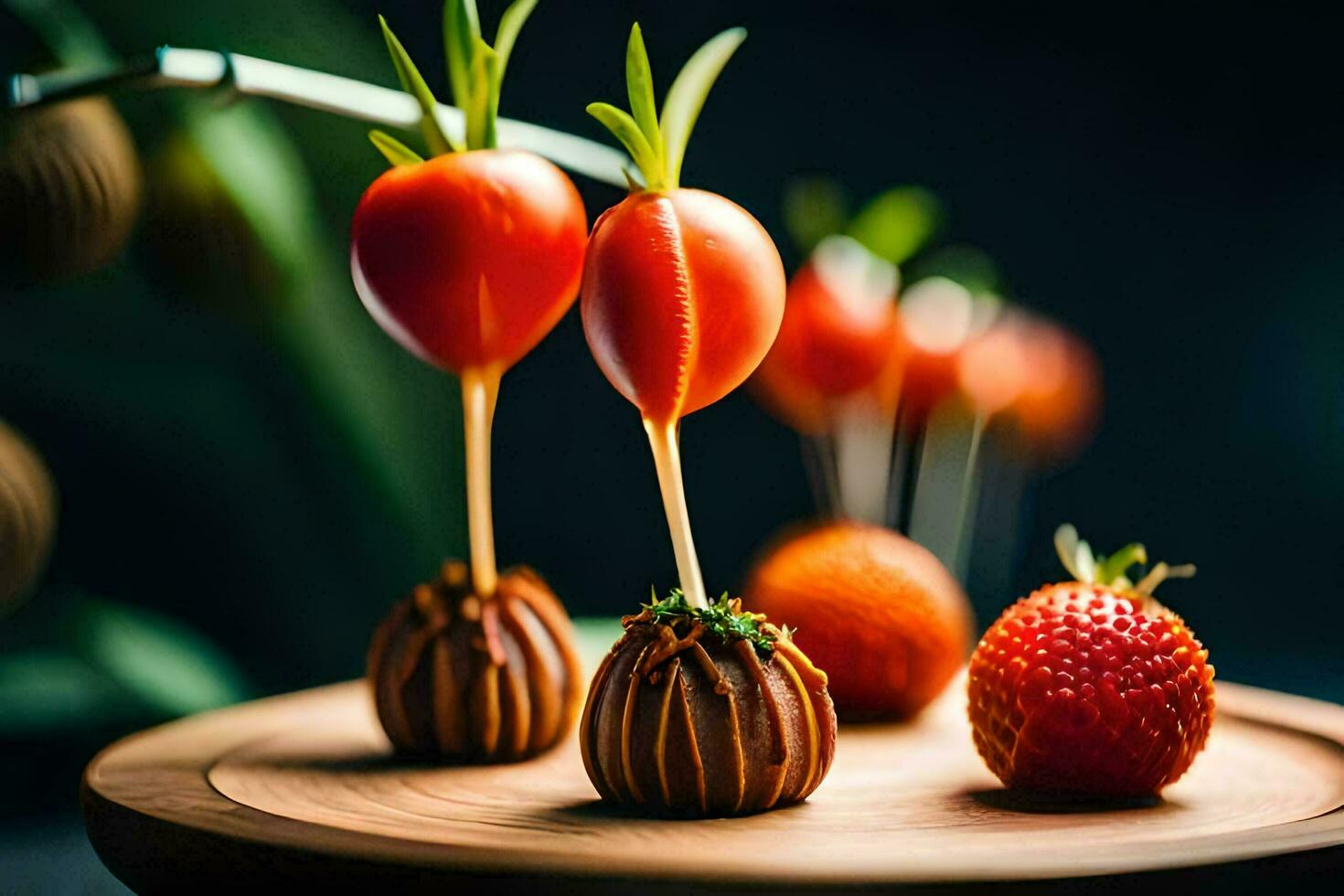 chocolate strawberries on a wooden plate. AI-Generated photo