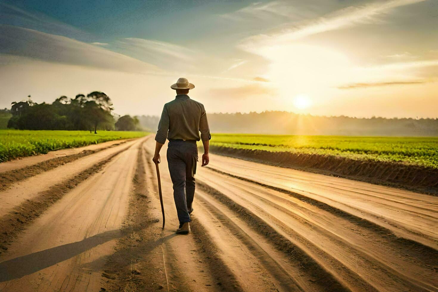 a man walking down a dirt road with a cane. AI-Generated photo