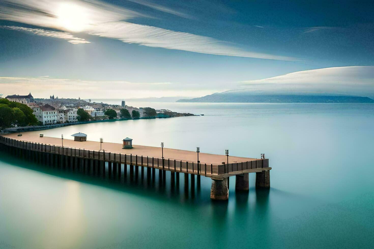 a long exposure photo of a pier in the water. AI-Generated