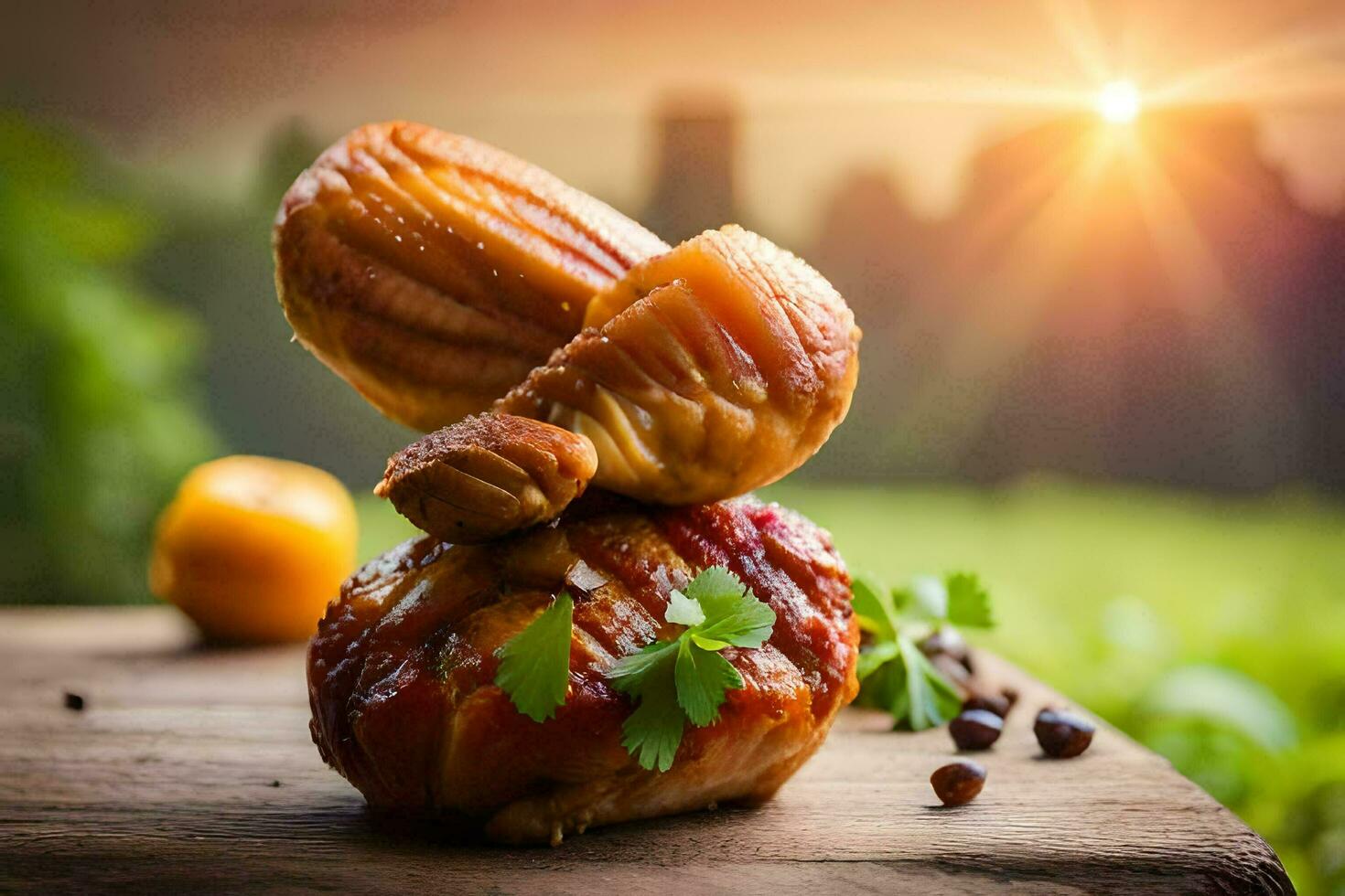 food on a wooden table with the sun in the background. AI-Generated photo