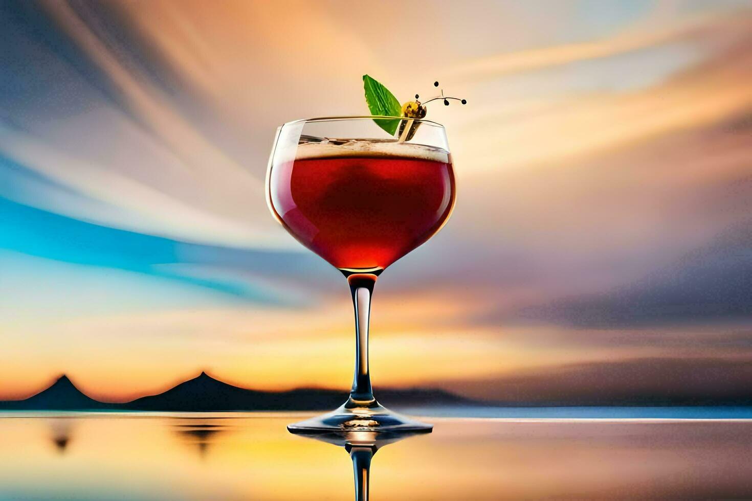 cocktail in a glass with sunset in the background. AI-Generated photo