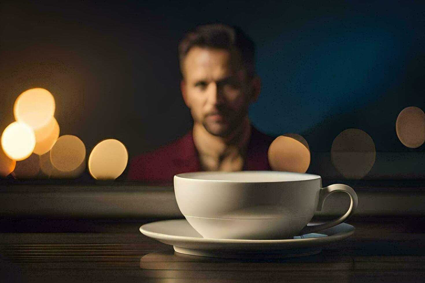 a man in a red shirt is sitting in front of a coffee cup. AI-Generated photo