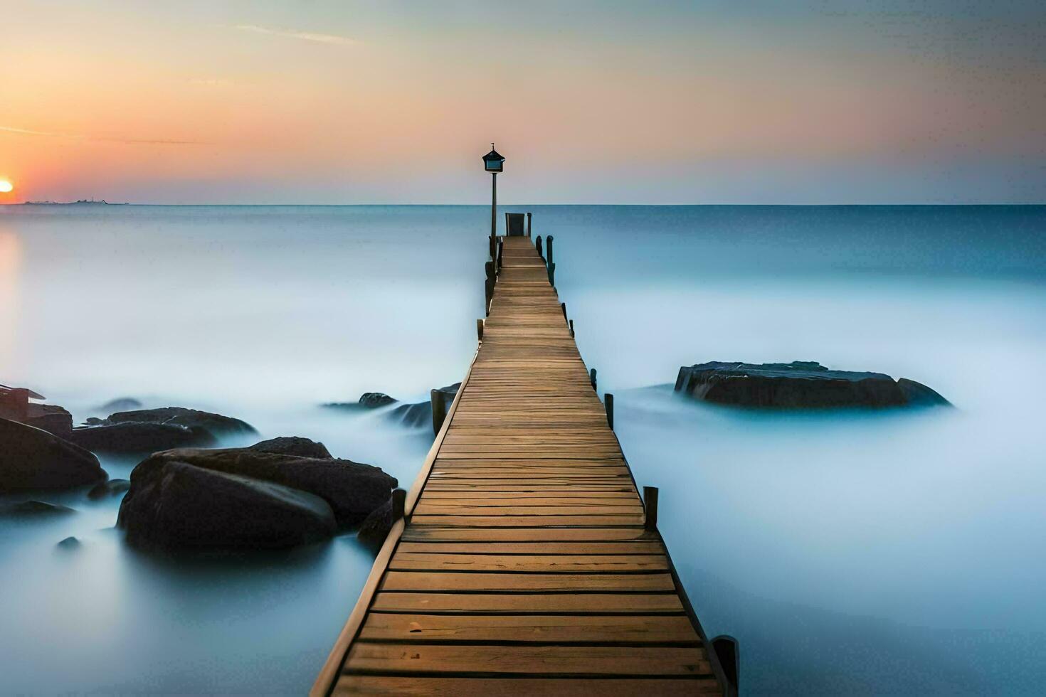 a wooden pier stretches out into the ocean at sunset. AI-Generated photo
