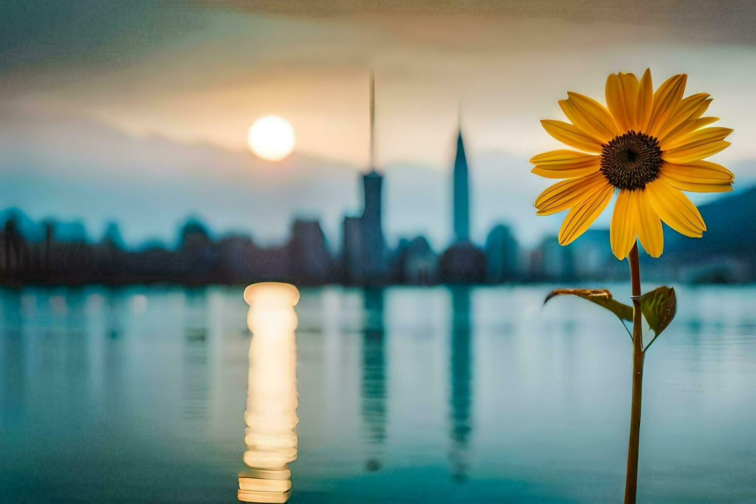 a sunflower is standing in front of a city skyline. AI-Generated photo