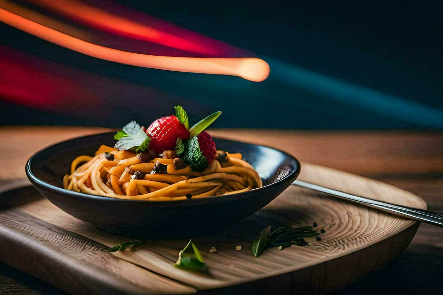 a plate of pasta with a red sauce and a red light. AI-Generated photo
