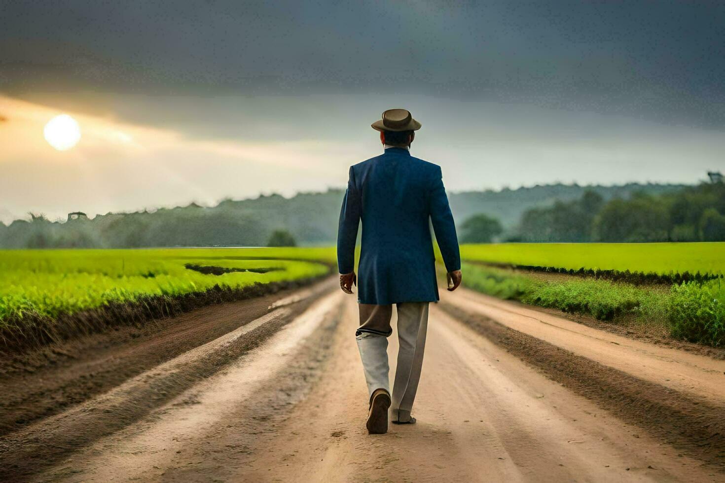 a man in a suit and hat walks down a dirt road. AI-Generated photo