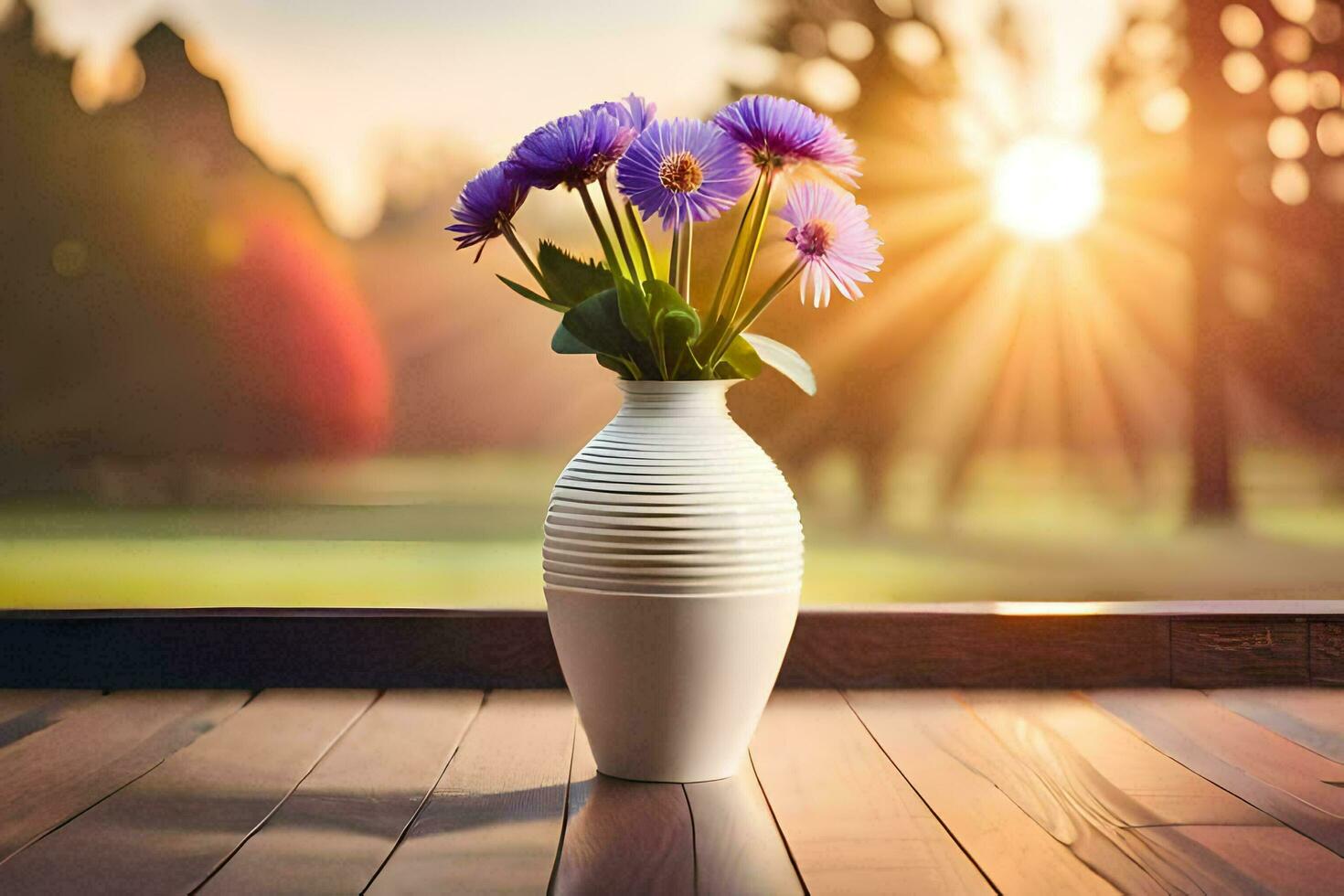 a vase with purple flowers on a table in front of a window. AI-Generated photo