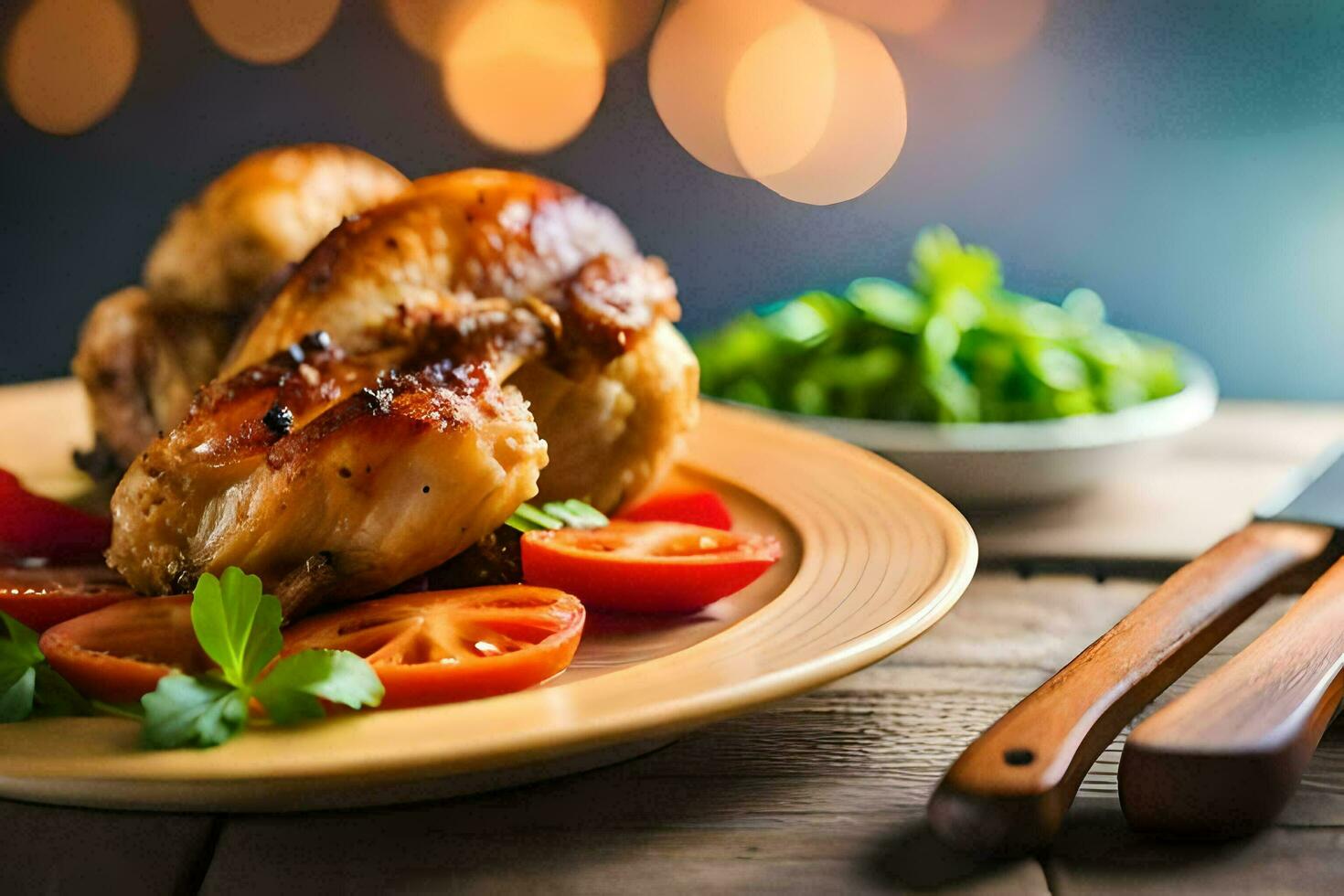 un plato de pollo con Tomates y hierbas. generado por ai foto