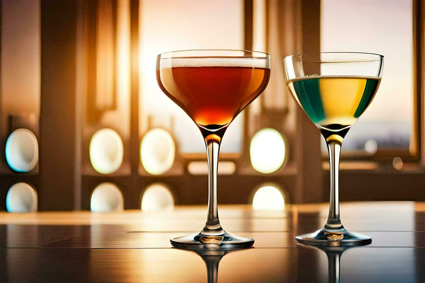 two glasses of different colored drinks on a table. AI-Generated photo