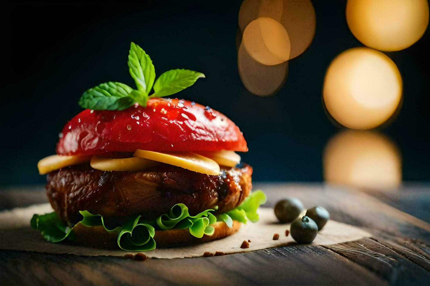 un hamburguesa con tomate, lechuga y Olivos. generado por ai foto