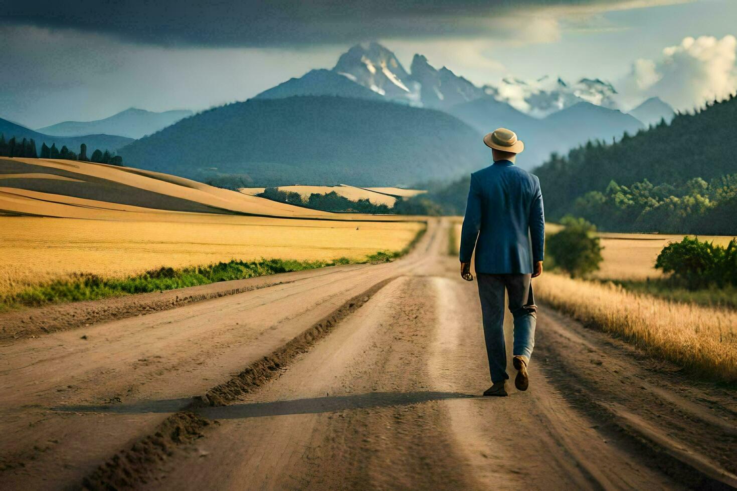 man walking on the road in the countryside. AI-Generated photo