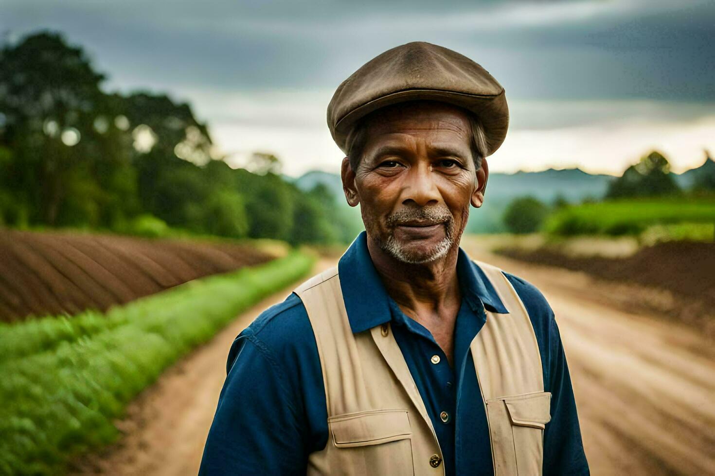 a man standing in a field with a hat on. AI-Generated photo