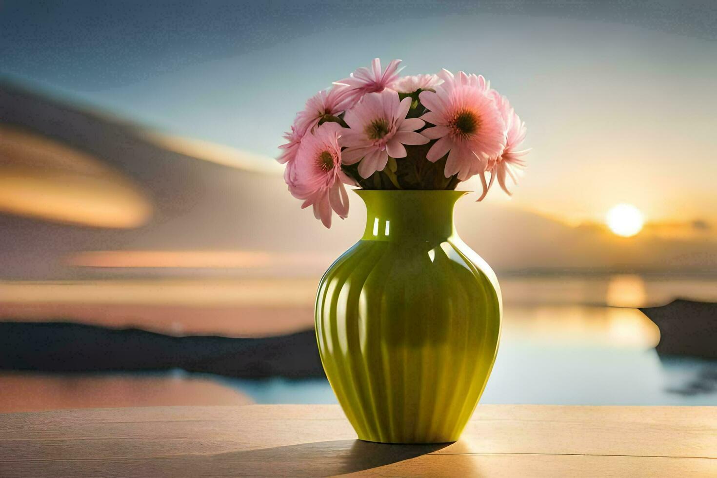 a green vase with pink flowers sitting on a table. AI-Generated photo