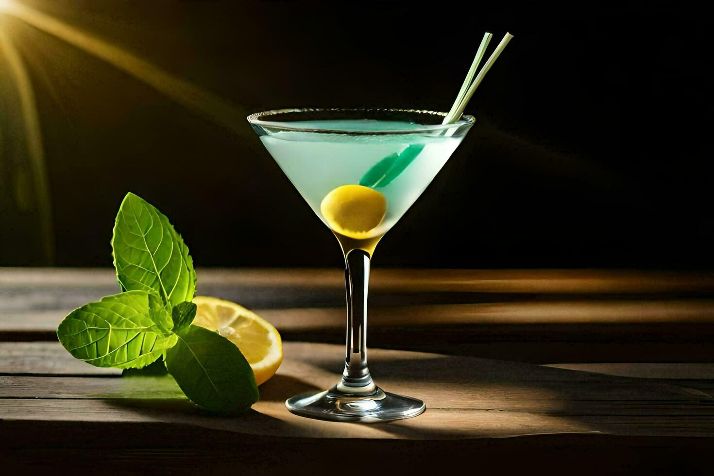 a martini with lemon and mint on a wooden table. AI-Generated photo