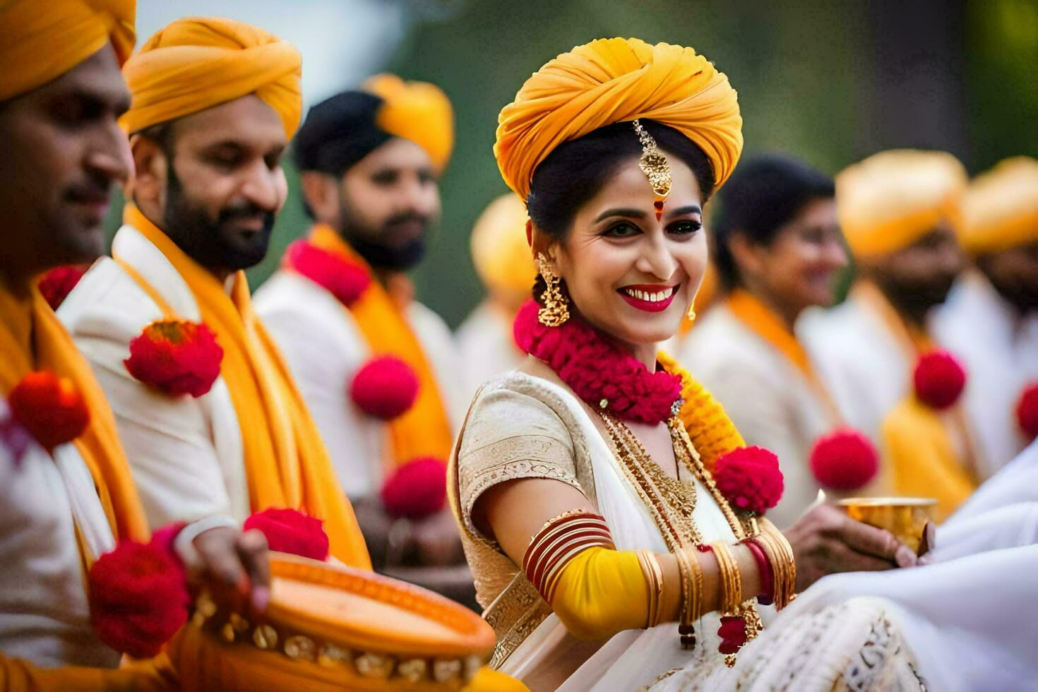 un novia en un turbante y un novio en un blanco turbante. generado por ai foto