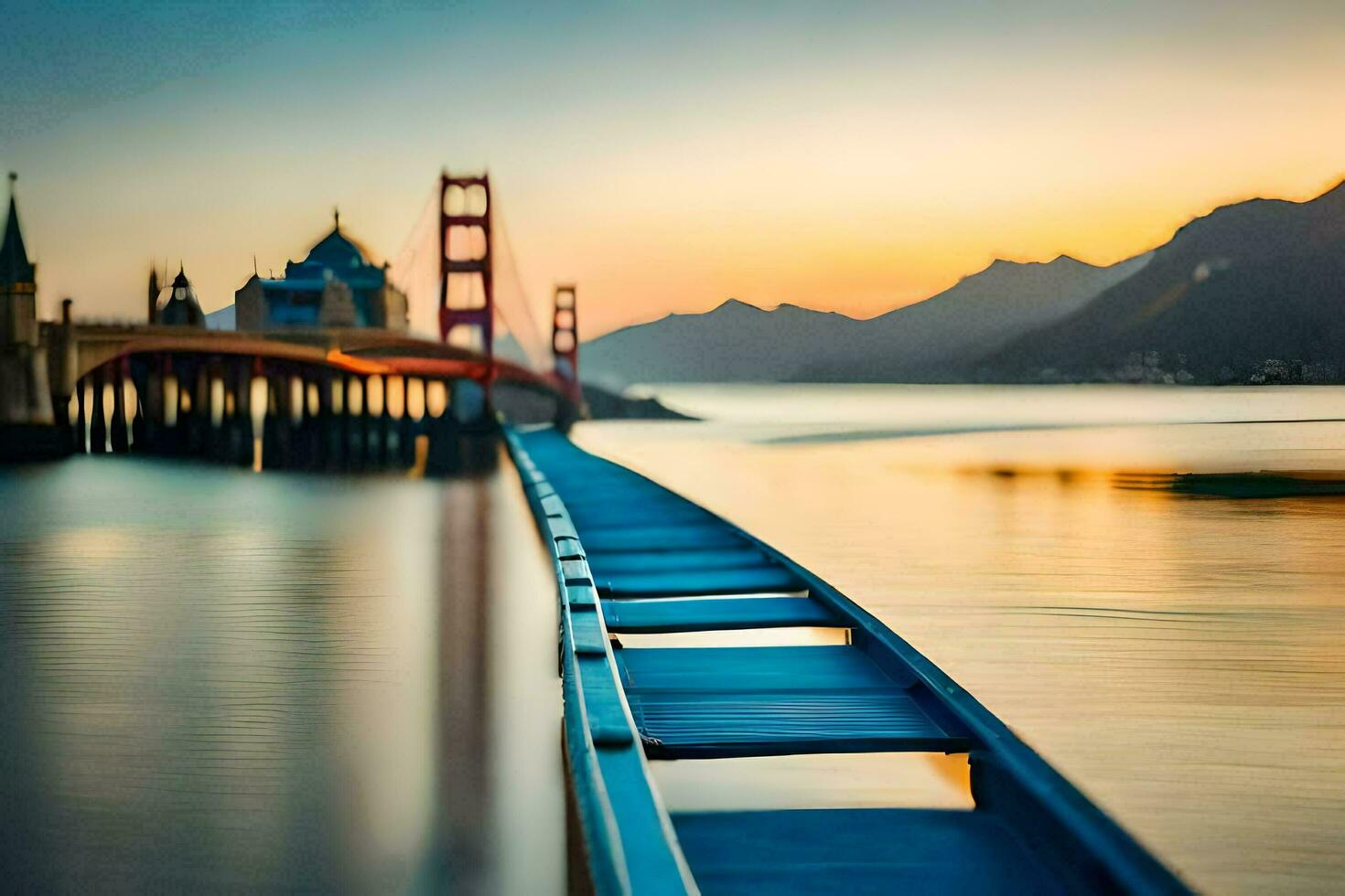 a long bridge with a blue bench in front of a mountain. AI-Generated photo