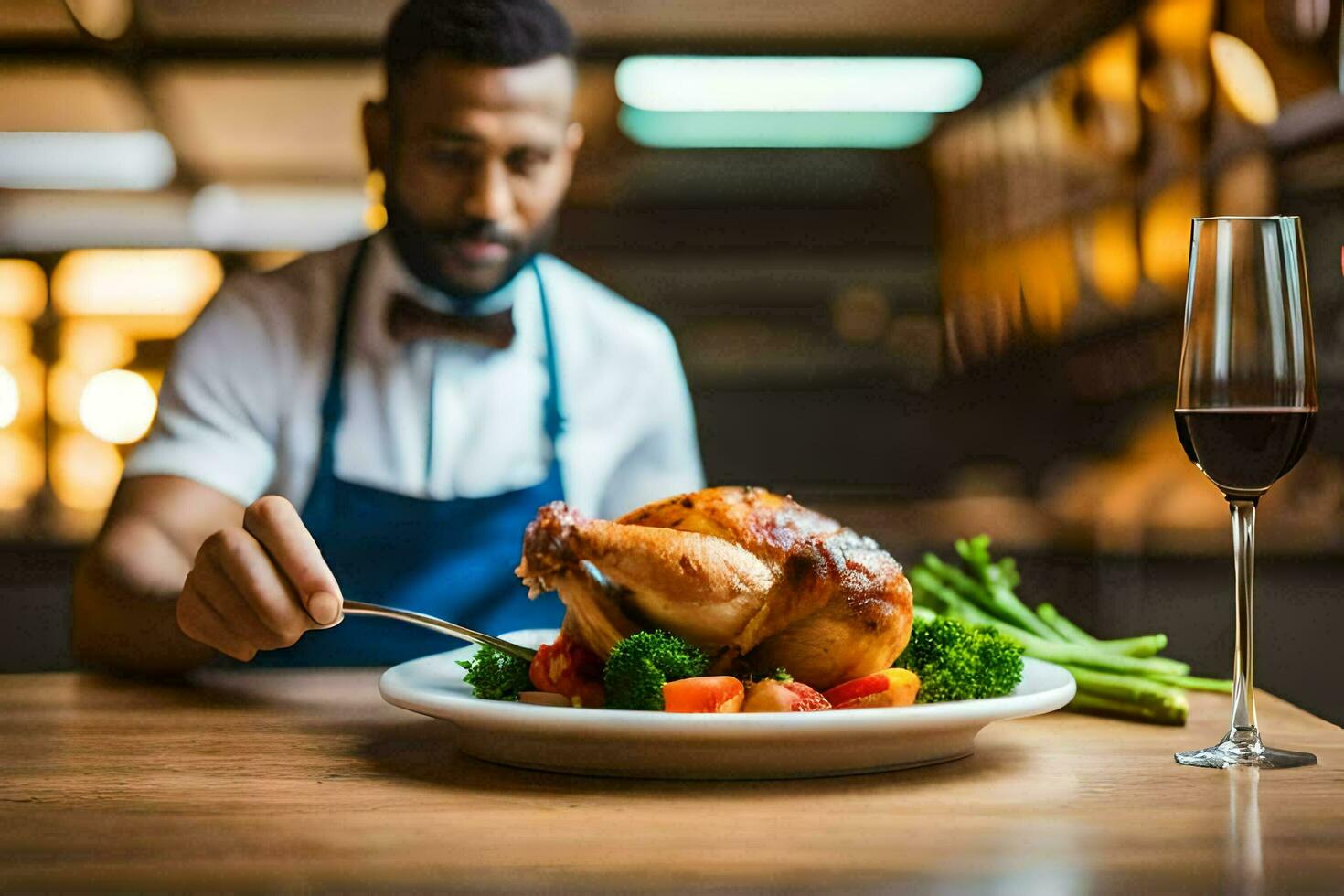 a man in an apron is holding a plate with a chicken on it. AI-Generated photo