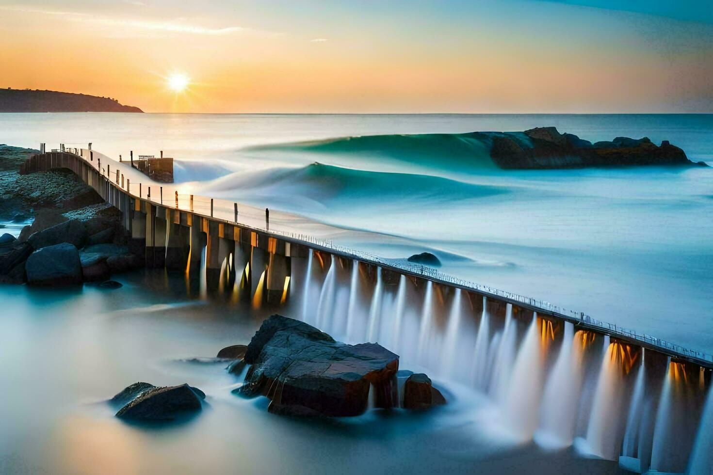 a long pier with waves crashing into it at sunset. AI-Generated photo