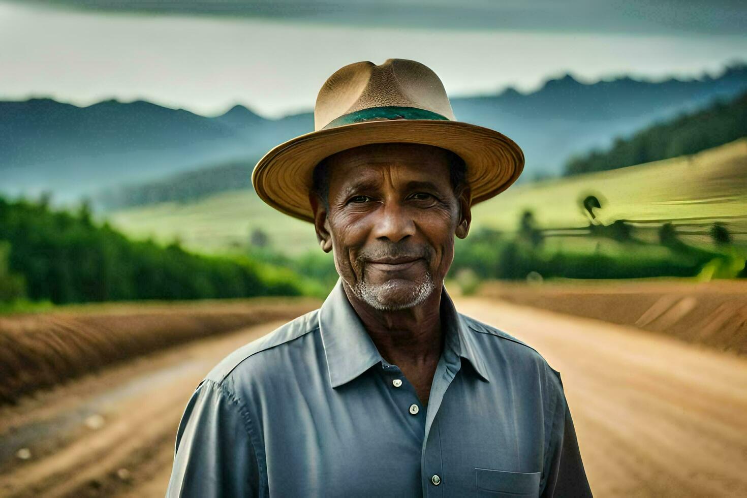 a man in a hat standing in a dirt road. AI-Generated photo