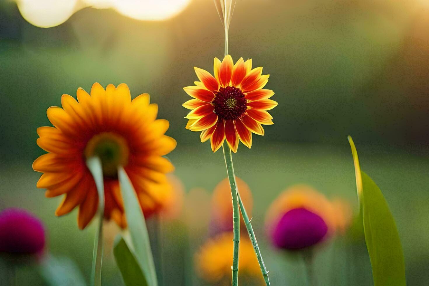 a field of flowers with sun shining through the leaves. AI-Generated photo