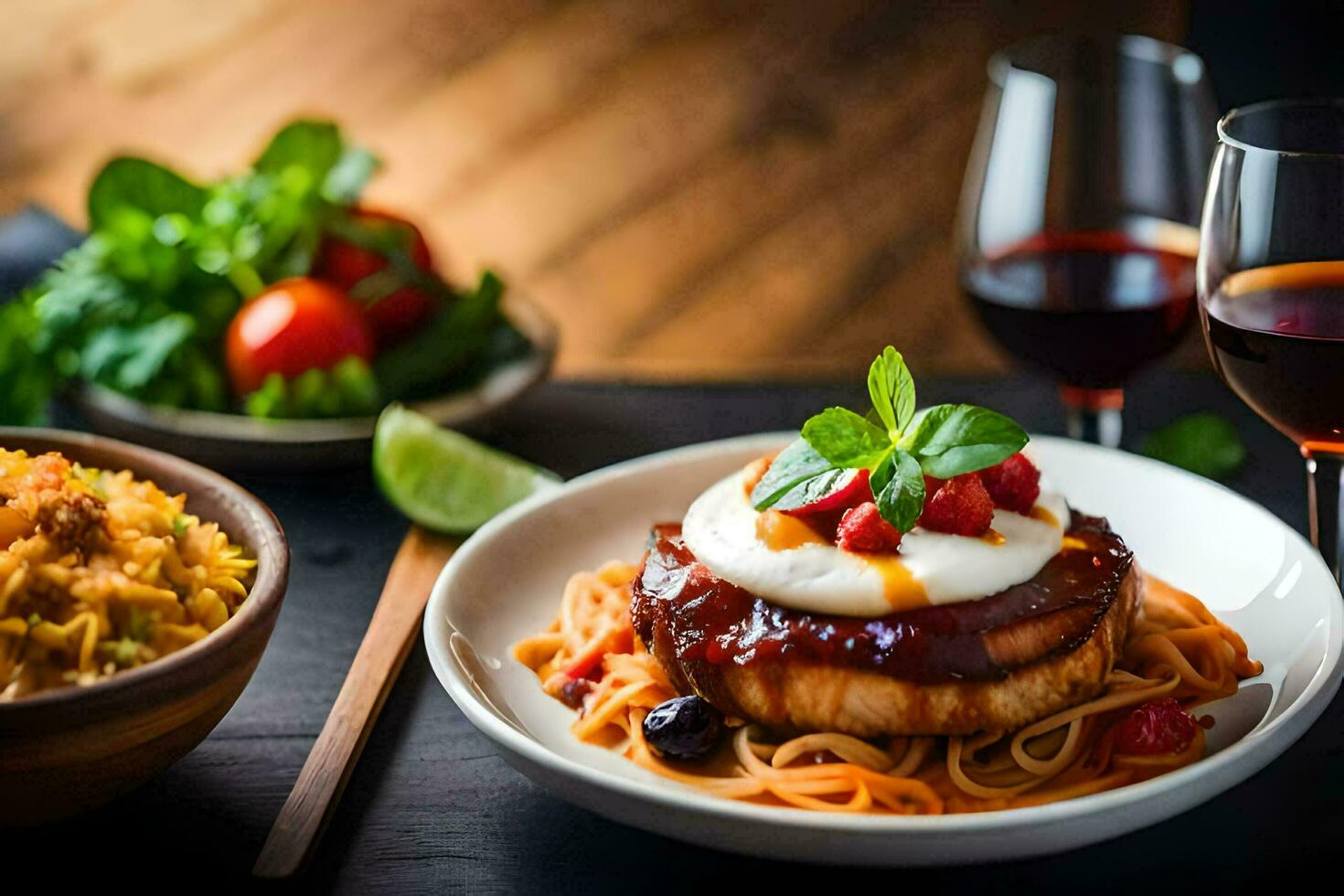 a plate of spaghetti with meat and sauce on a wooden table. AI-Generated photo
