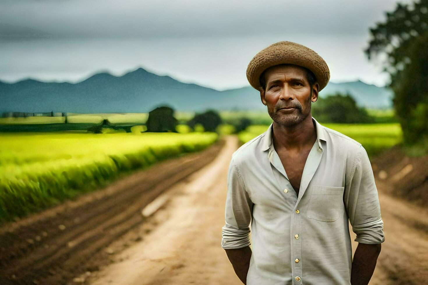 a man in a hat standing on a dirt road. AI-Generated photo