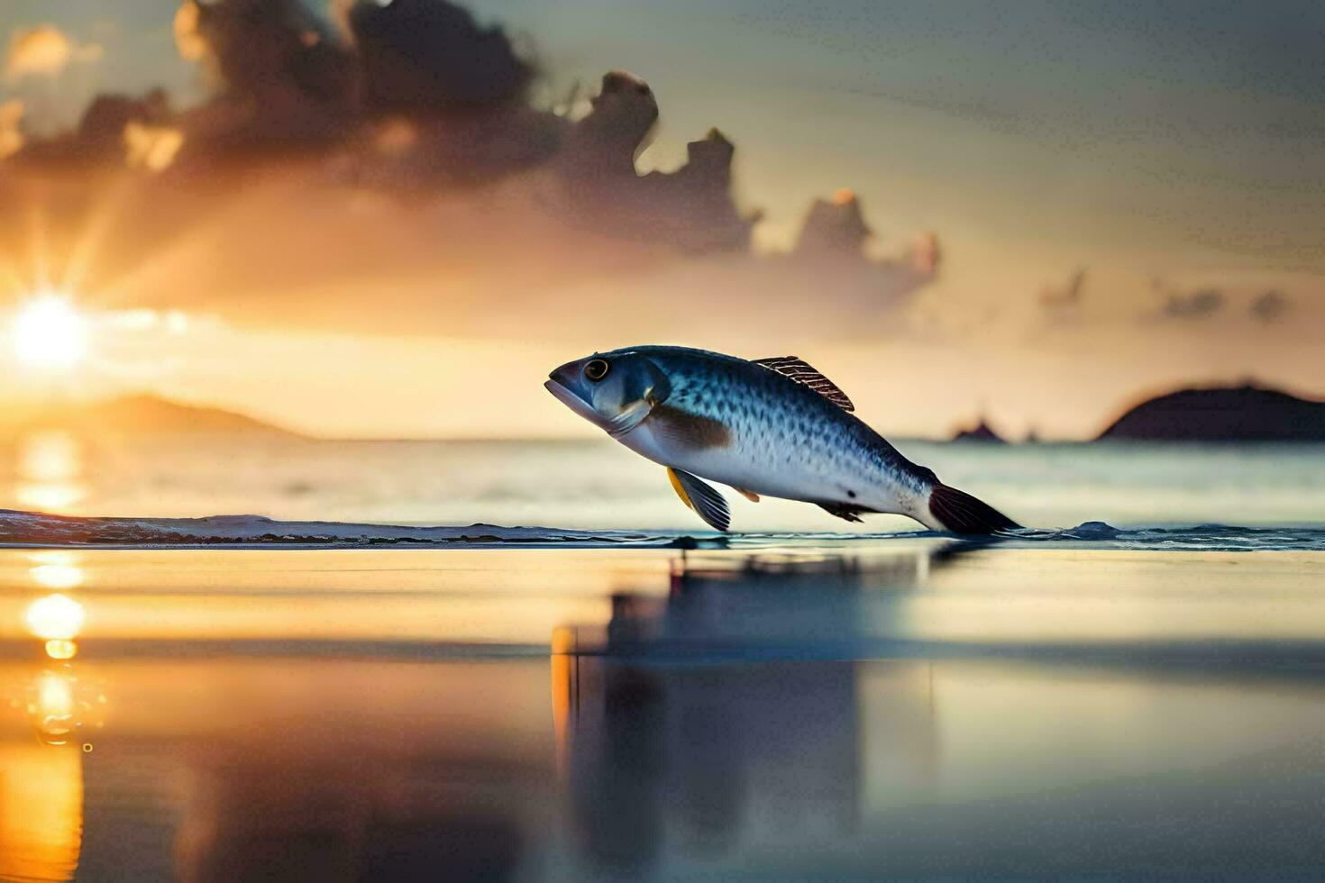 a fish is jumping out of the water at sunset. AI-Generated photo