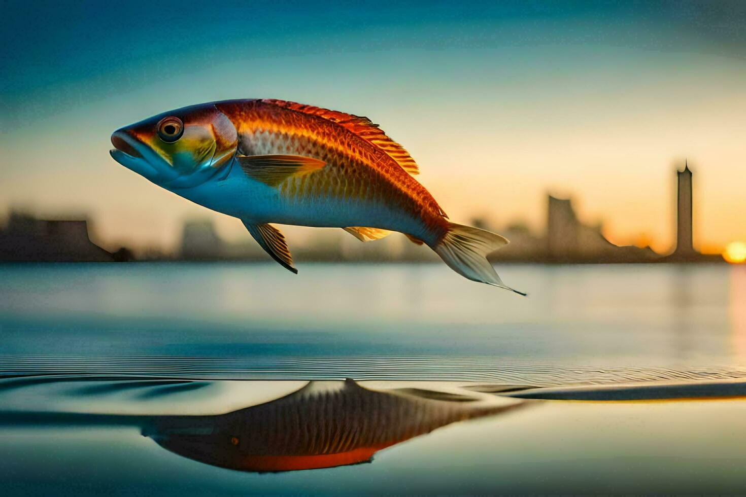 a fish jumping out of the water with a city in the background. AI-Generated photo