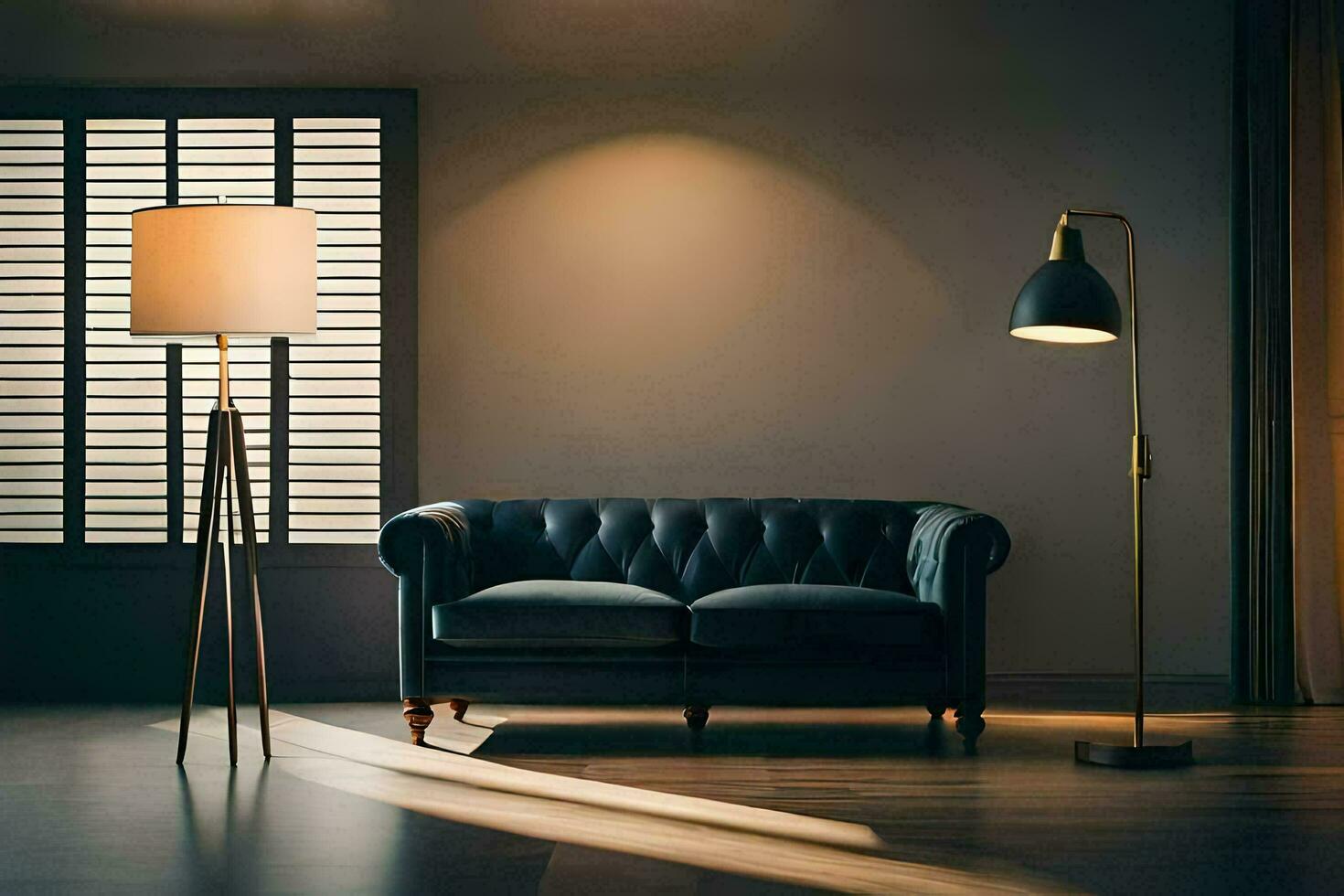 a dark room with a couch and lamp. AI-Generated photo