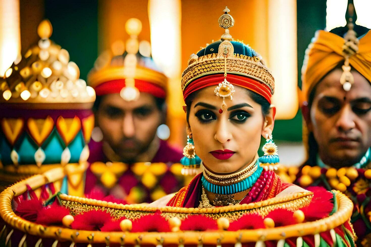 a woman in traditional indian attire is holding a basket. AI-Generated photo