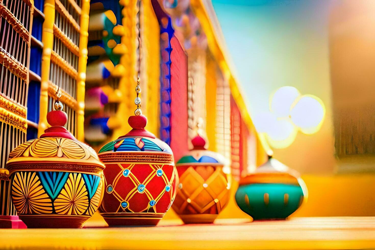 colorful ornaments on a wooden table. AI-Generated photo