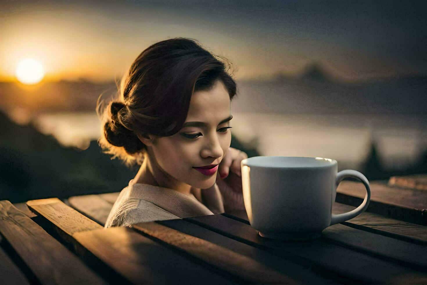 a woman is sitting at a table with a cup of coffee. AI-Generated photo