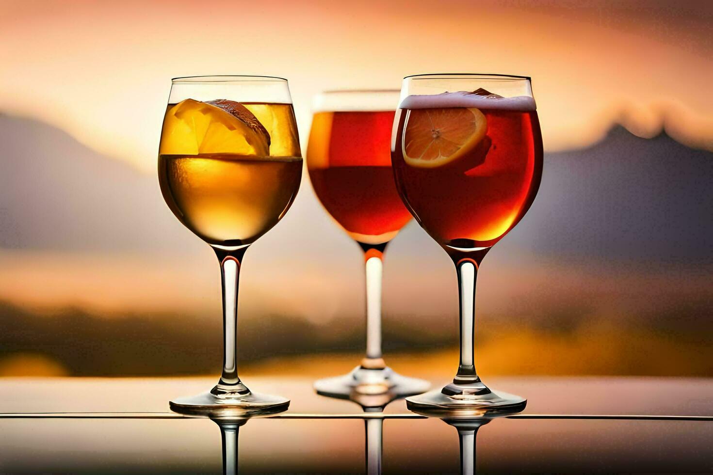 three glasses of wine with a sunset in the background. AI-Generated photo