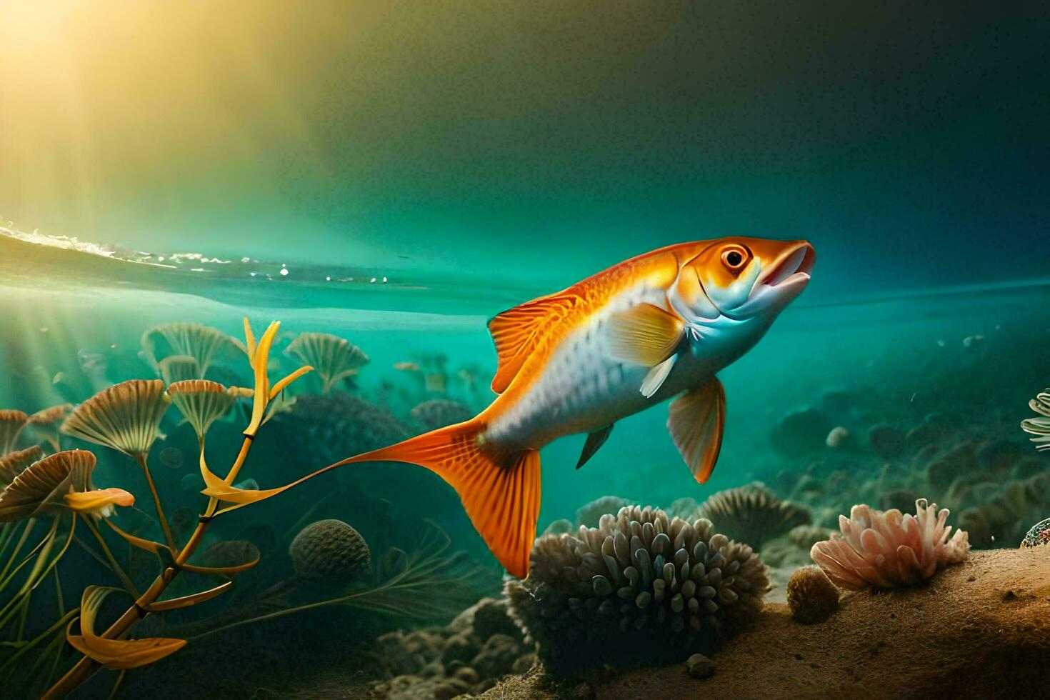 a fish swimming in the ocean with coral reefs. AIGenerated 31540763