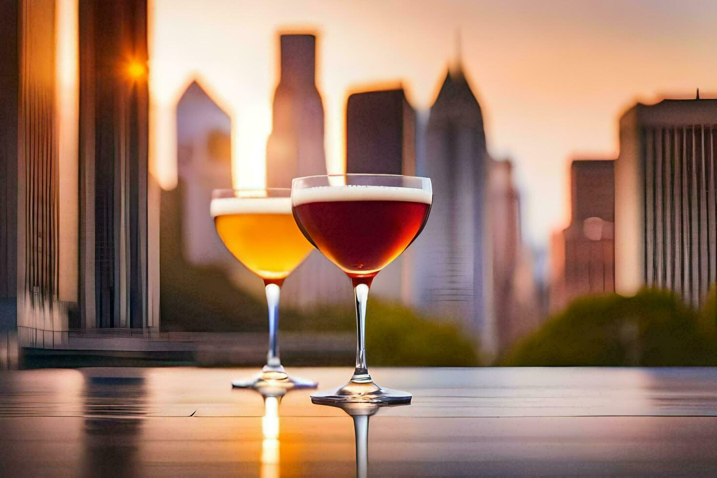 two glasses of alcohol on a table in front of a city skyline. AI-Generated photo