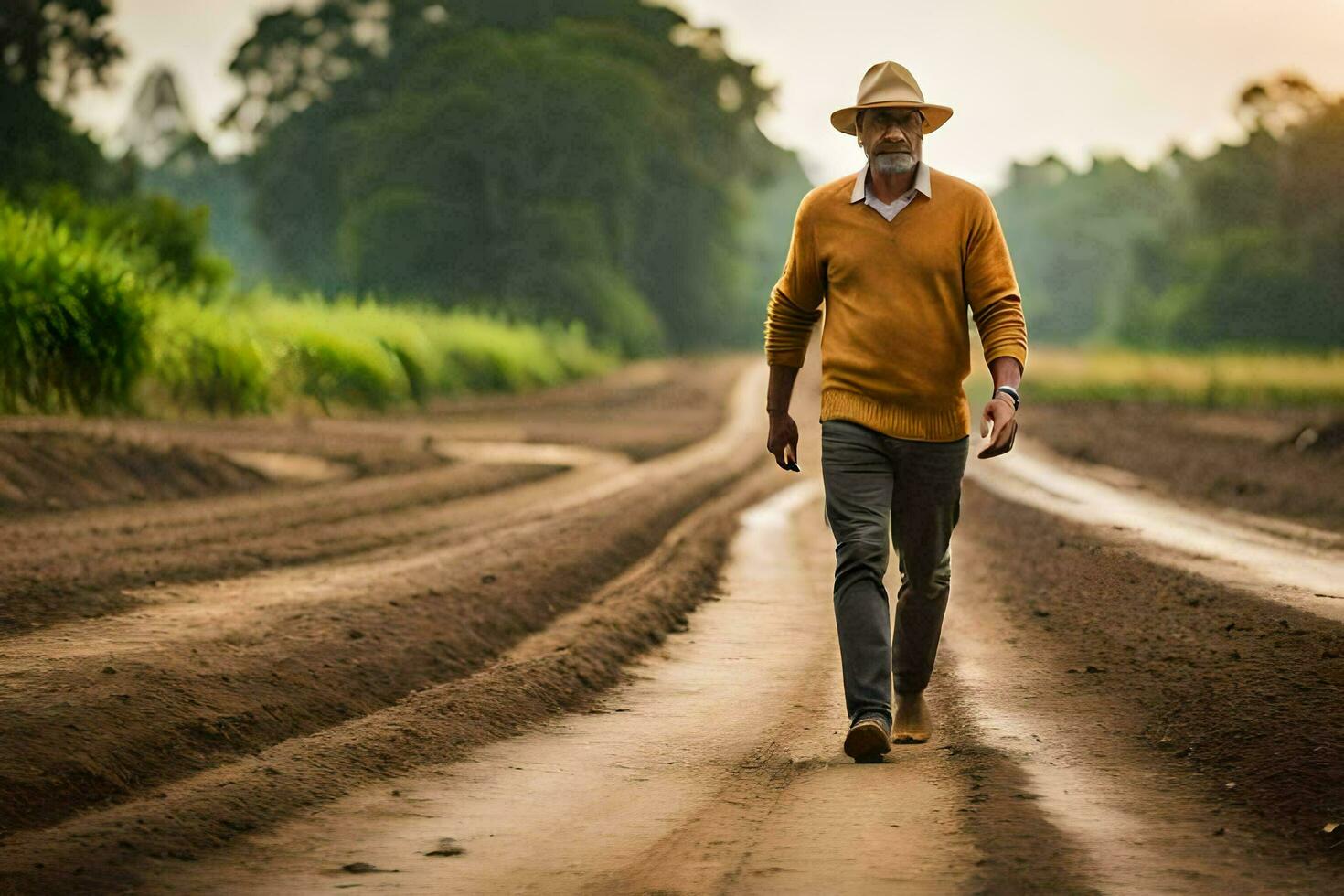 a man walking down a dirt road in the middle of a field. AI-Generated photo