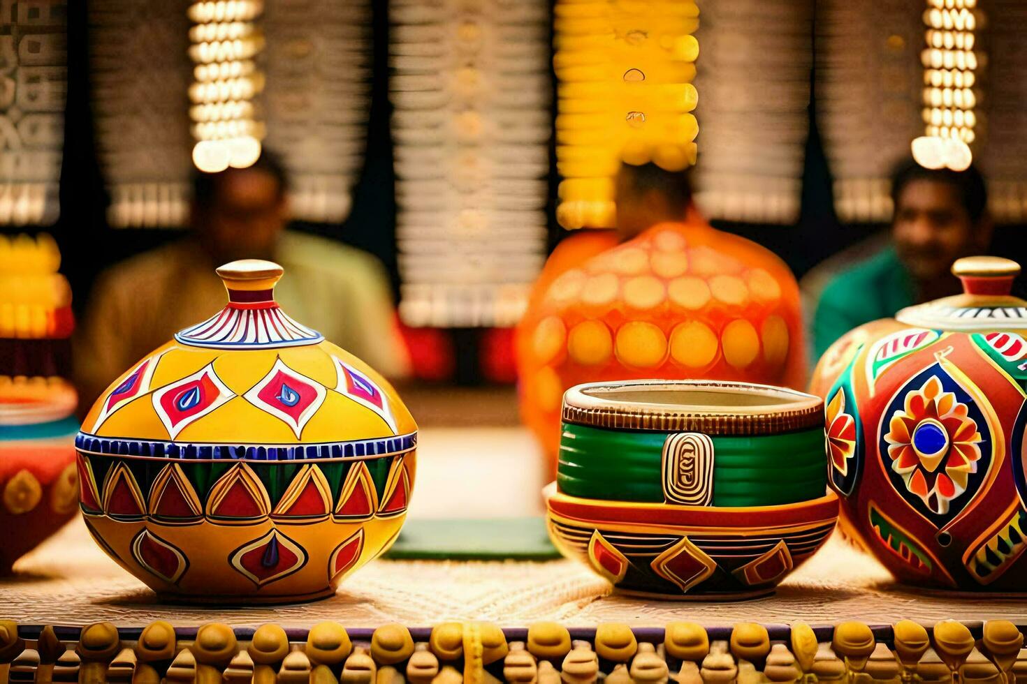 colorful pottery on display at an indian market. AI-Generated