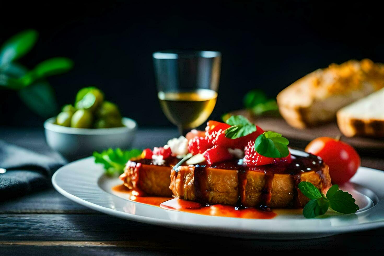 a plate of food with bread, tomatoes and olives. AI-Generated photo