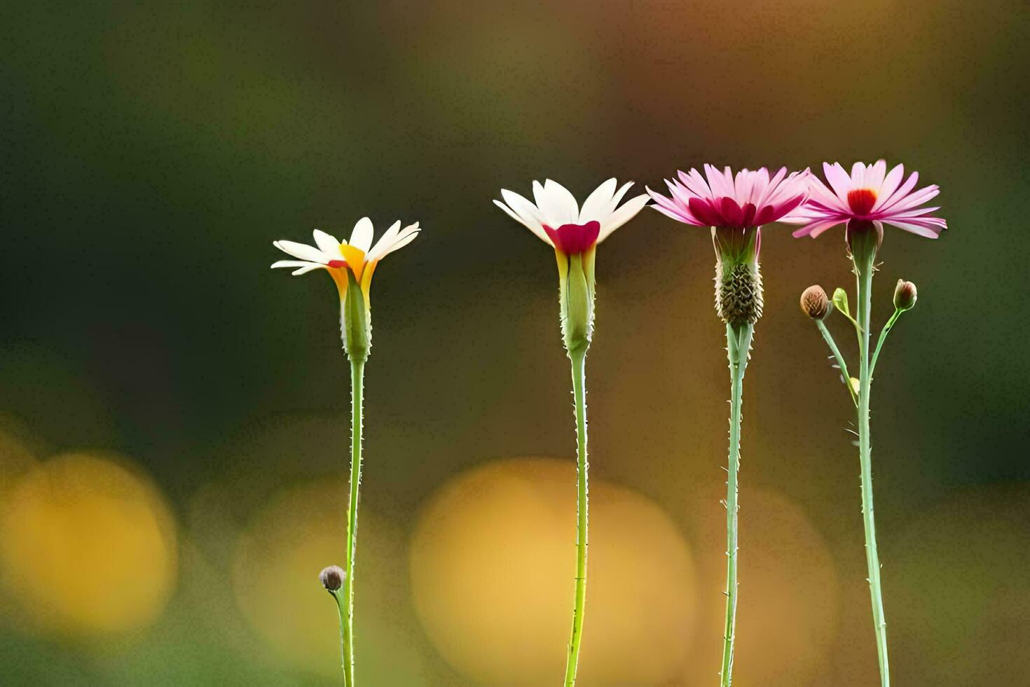 Tres flores son en pie en un fila. generado por ai foto