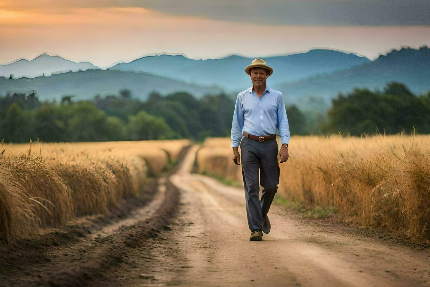 a man in a hat walks down a dirt road. AI-Generated photo
