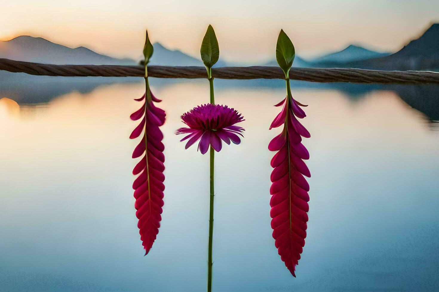 three pink flowers on a wire with a lake in the background. AI-Generated photo