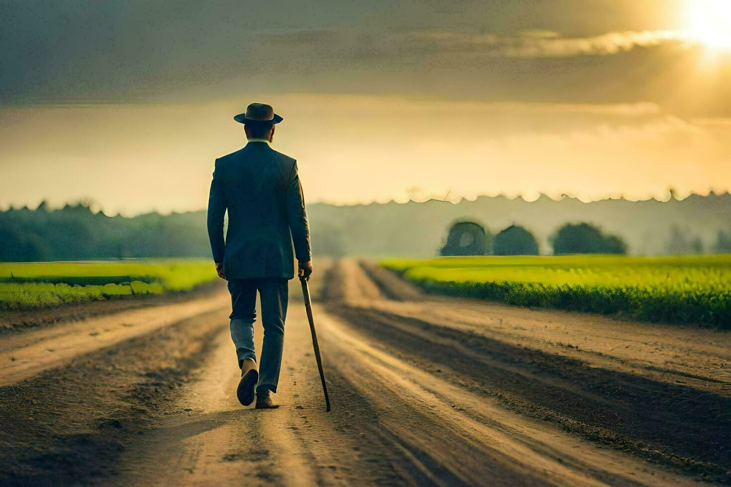 a man in a suit walks down a dirt road. AI-Generated photo