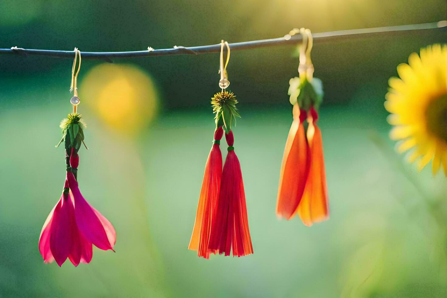 red and pink flowers hanging from a wire. AI-Generated photo